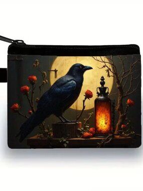 Halloween Gothic Raven w Lamp & Full Moon Makeup Bag Double-Sided 4.1"h x 5.6"w